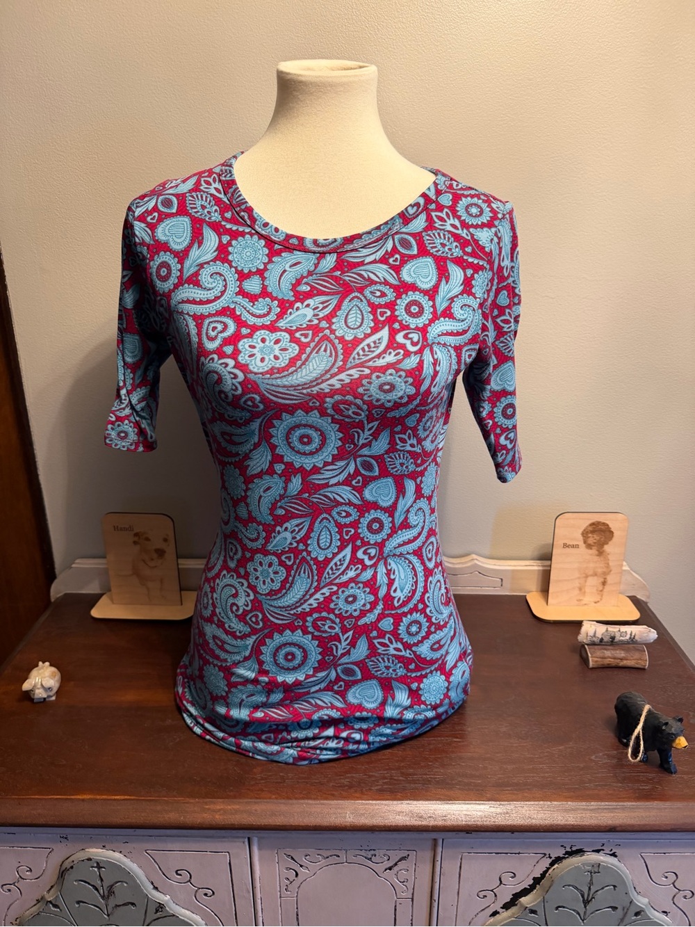 LuLaRoe Scoop Neck Bodycon Dress in Teal and Burgundy Paisley